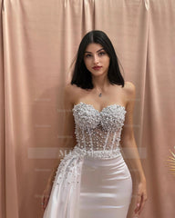 Designer Column Sweetheart Sleeveless Beading Tulle Satin Wedding Dress