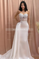 Designer Column Sweetheart Sleeveless Beading Tulle Satin Wedding Dress
