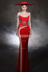 Designer Column Tulle Satin One Shoulder Sleeveless Red Prom Dresses With Beading