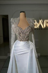 Designer Column Tulle Satin Sweetheart Long Sleeve Prom Evening Dresses With Rhinestone