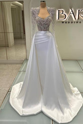 Designer Column Tulle Satin Sweetheart Long Sleeve Prom Evening Dresses With Rhinestone