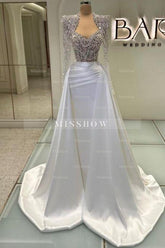 Designer Column Tulle Satin Sweetheart Long Sleeve Prom Evening Dresses With Rhinestone