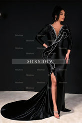 Designer Column V-Neck Long Sleeve Rhinestone Satin Black Prom Dresses