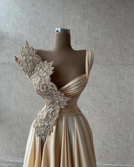 Designer Elegant Sleeveless A-line Long Glitter Silt Prom Evening Dresses