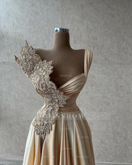 Designer Elegant Sleeveless A-line Long Glitter Silt Prom Evening Dresses