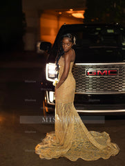 Designer Gold Strapless Sleeveless Mermaid Dress with Appliques and Sheer Train