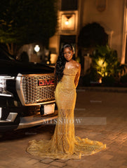 Designer Gold Strapless Sleeveless Mermaid Dress with Appliques and Sheer Train