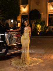 Designer Gold Strapless Sleeveless Mermaid Dress with Appliques and Sheer Train