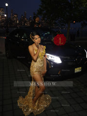 Designer Gold Sweetheart Sleeveless Mermaid Prom Dress with Beaded Appliques and Slit