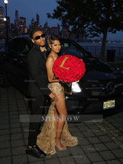 Designer Gold Sweetheart Sleeveless Mermaid Prom Dress with Beaded Appliques and Slit