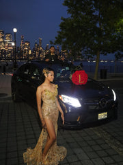 Designer Gold Sweetheart Sleeveless Mermaid Prom Dress with Beaded Appliques and Slit