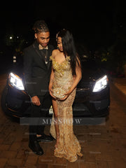 Designer Gold Sweetheart Sleeveless Mermaid Prom Dress with Beaded Appliques and Slit
