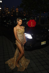 Designer Gold Sweetheart Sleeveless Mermaid Prom Dress with Beaded Appliques and Slit