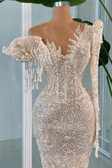 Designer Light Champagne V-Neck Long-Sleeve Mermaid Wedding Dress with Appliques and Beadings