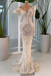 Designer Light Champagne V-Neck Long-Sleeve Mermaid Wedding Dress with Appliques and Beadings