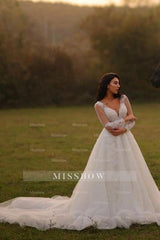 Designer Long A-line V-neck White Lace Wedding Dresses with Long Sleeves