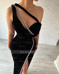 Designer Long Black Mermaid One Shoulder Sleeveless Prom Dress With Slit
