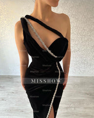 Designer Long Black Mermaid One Shoulder Sleeveless Prom Dress With Slit