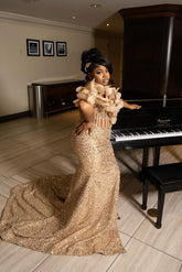 Designer Long Champagne One Shoulder Prom Dress Beaded Mermaid Gown with Slit