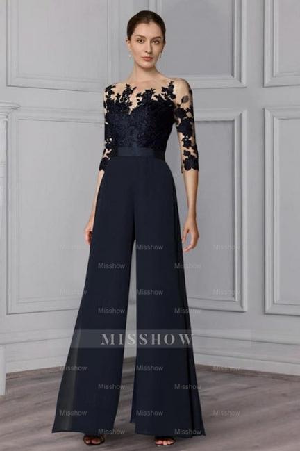 Designer Long Chiffon Festive Trouser Suits Lace Sleeves Mother of The Bride Dresses with Detachable Train