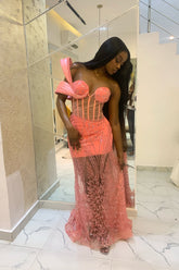Designer Long Coral One Shoulder Sleeveless Mermaid Corset Prom Dress with Beadings and Sequins
