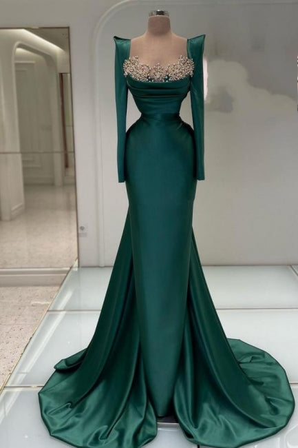 Designer Long Dark Green Beading Pearls Mermaid Prom Evening Dresses with Long Sleeves
