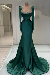 Designer Long Dark Green Beading Pearls Mermaid Prom Evening Dresses with Long Sleeves
