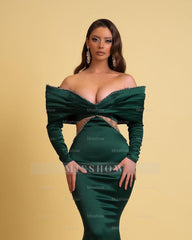 Designer Long Dark Green Mermaid Off-the-shoulder Rhinestones Prom Dress With Long Sleeves