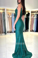 Designer Long Dark Green Mermaid Sleeveless Lace Prom Evening Dresses with Slit