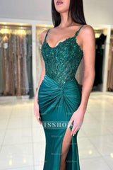 Designer Long Dark Green Mermaid Sleeveless Lace Prom Evening Dresses with Slit