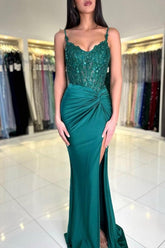 Designer Long Dark Green Mermaid Sleeveless Lace Prom Evening Dresses with Slit