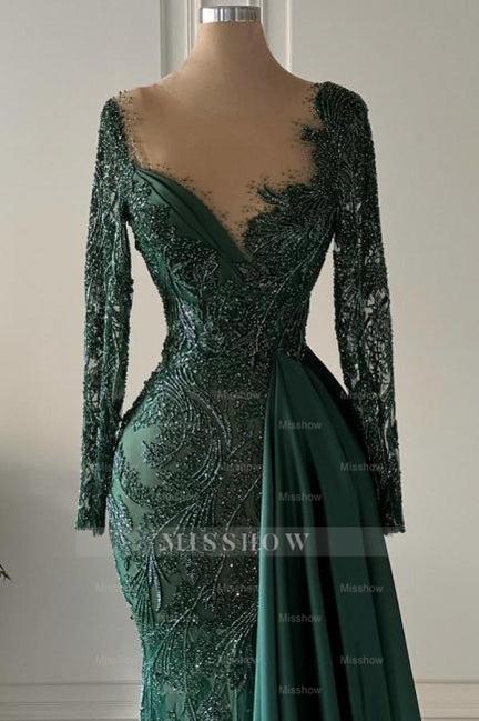 Designer Long Dark Green V-neck Lace Mermaid Prom Evening Dresses with Long Sleeves