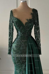 Designer Long Dark Green V-neck Lace Mermaid Prom Evening Dresses with Long Sleeves