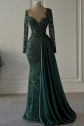 Designer Long Dark Green V-neck Lace Mermaid Prom Evening Dresses with Long Sleeves
