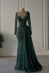 Dark green v-neck lace mermaid prom dress