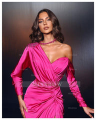 Designer Long Fuchsia One Shoulder Beading Long Sleeves Prom Dress With Slit