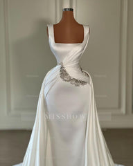 Designer Long Ivory A-line Straps Jewels Sleeveless Wedding Dress With Train
