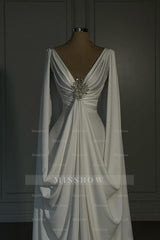 Designer Long Ivory A-line V-neck Satin Wedding Dress with Long Sleeves