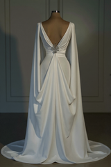 Designer Long Ivory A-line V-neck Satin Wedding Dress with Long Sleeves