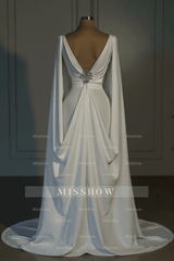 Designer Long Ivory A-line V-neck Satin Wedding Dress with Long Sleeves