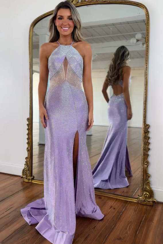 Designer Long Lilac Halter Sleeveless Glitter Prom Dress with Slit misshow.com Designer Long Lilac Halter Sleeveless Glitter Prom Dress with Slit misshow.com