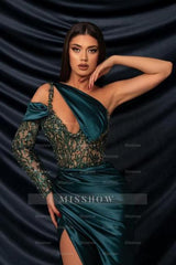 Designer Long Mermaid One Shoulder Long Sleeve Lace Prom Evening Dresses with Slit