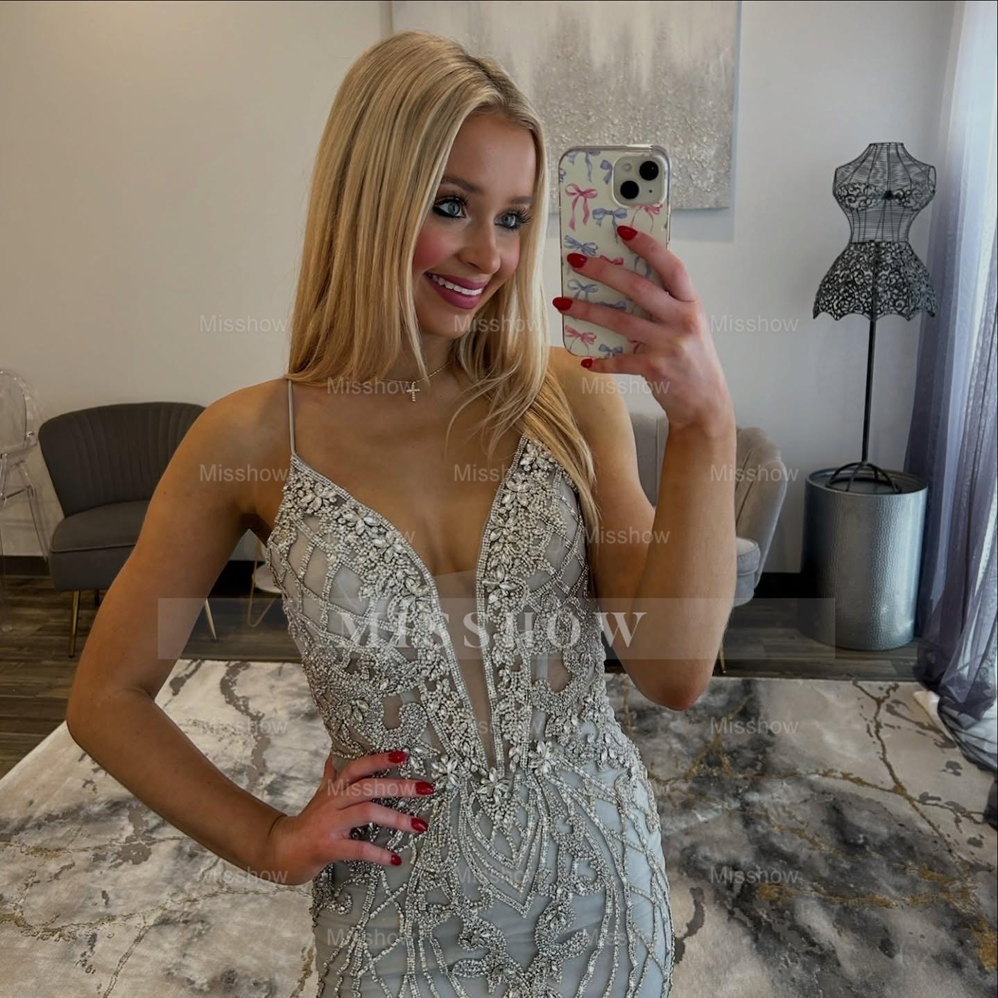 Designer Long Mermaid Silver Speghrtti Straps V-neck Lace Prom Dress