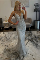 Designer Long Mermaid Silver Speghrtti Straps V-neck Lace Prom Dress
