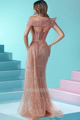 Designer Long Mermaid Spaghetti Strap Beading Sequined Prom Evening Dresses With Slit