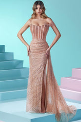 Designer Long Mermaid Spaghetti Strap Beading Sequined Prom Evening Dresses With Slit