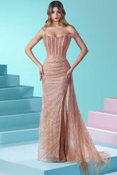 Designer Long Mermaid Spaghetti Strap Beading Sequined Prom Evening Dresses With Slit