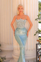 Designer Long Mermaid Spaghetti Straps Lace Prom Evening Dresses with Glitter