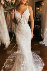 Designer Long Mermaid Spaghetti Straps V-neck Backless Wedding Dress