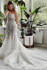 Designer Long Mermaid Strapless Lace Sequined Wedding Dress with Train